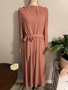 SHEIN Dusty Rose Midi Dress Long Sleeve Tie Waist Flowy A Line M